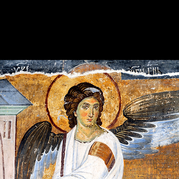 White Angel or Myrrhbearers on Christ's Grave is world famous fresco from the Mileseva monastery circa 1230 AD in Serbia, it depicts an angel sitting in front of the tomb of Christ