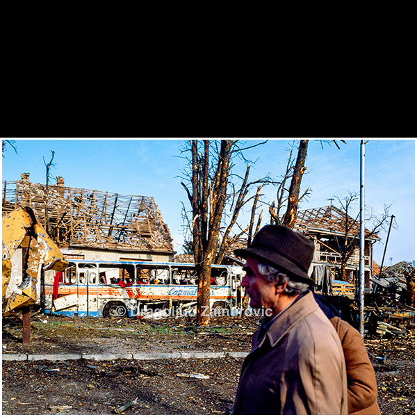 A civilian walks past the wreckage of a destroyed city bus amid heavily damaged buildings and shattered trees following intense shelling in Vukovar.
The scene reflects the scale of destruction in the city after the fighting, with public infrastructure reduced to ruins and everyday urban life abruptly brought to a halt.
The photograph documents the civilian experience of war in the immediate aftermath of the siege, emphasizing the contrast between ordinary human presence and the devastation of the urban environment.