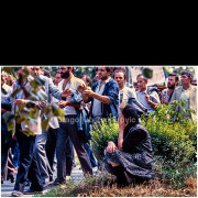 Arrival of demonstrators during the Anti-Bureaucratic Revolution in the summer of 1988. Organized groups from Kosovo and other parts of Yugoslavia gathered in Vrbas, chanting nationalist slogans and assembling for political speeches in the town center.